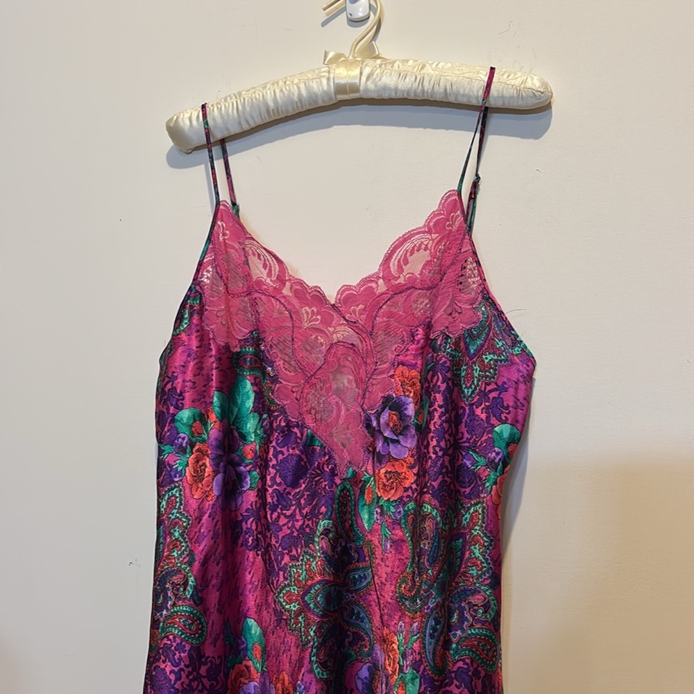 VTG Victoria Secret Gold Label Floral Lace Trim Satin Chemise dress size large - Picture 4 of 12